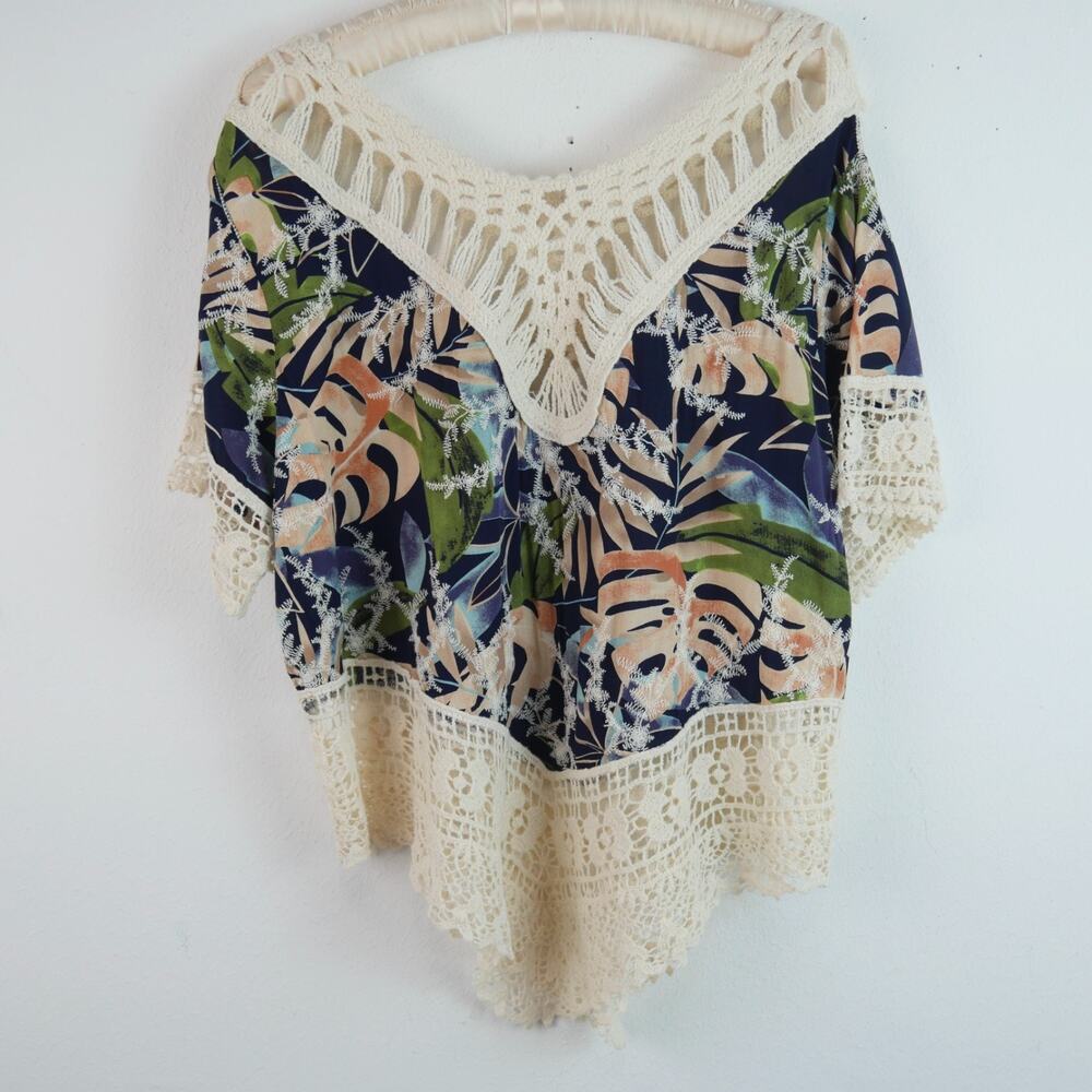 Solitaire Large Popover Top Lace Crochet Floral Boho‎ Resort Tropical Vacation
